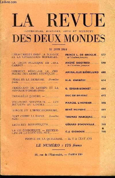 LA REVUE LITTERATURE, HISTOIRE, ARTS ET SCIENCES DES DEUX MONDES N12 - L'LECTRICIT DANS LA SCIENCE ET LA CIVILISATION MODERNES. PRINCE L. DE BROGLIE.. de l'Acadmie franaiseLA LEON POLITIQUE DE PAUL CAMBON. ANDR SIEGFRIED.