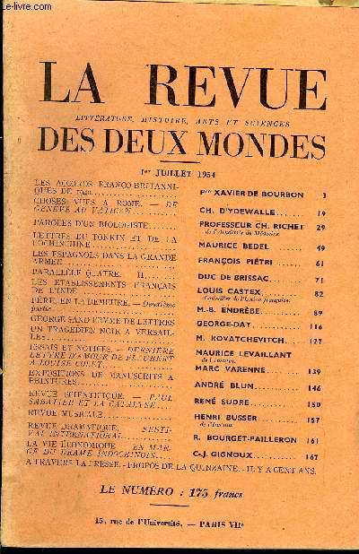 LA REVUE LITTERATURE, HISTOIRE, ARTS ET SCIENCES DES DEUX MONDES N13 - ^AgCORDS FRANCO-BRITANNIQUES DE 1940. Pce XAVIER DE BOURBON. CHOSES VUES A ROME. - DE GENVE AU VATICAN.CH. D'ydewalle.PAROLES D'UN BIOLOGISTE. PROFESSEUR CH. RICHET.