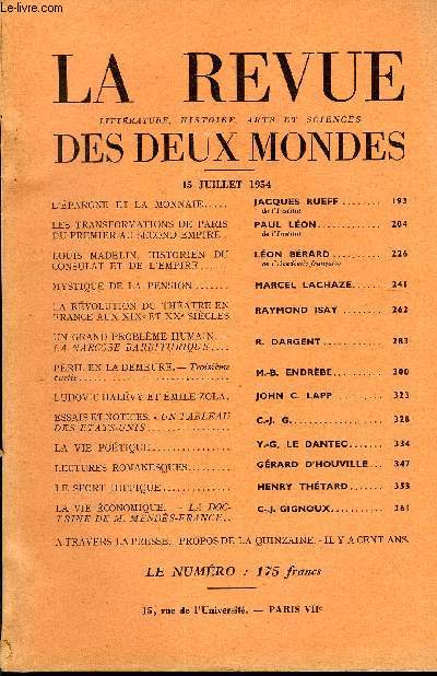 LA REVUE LITTERATURE, HISTOIRE, ARTS ET SCIENCES DES DEUX MONDES N14 - L'PARGNE ET LA MONNAIE. JACQUES RUEFF..de l'Institut. LES TRANSFORMATIONS DE PARIS DU PREMIER AU SECOND EMPIRE. PAUL LON. .de l'Institut. LOUIS MADELIN, HISTORIEN