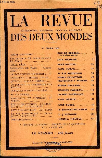 LA REVUE LITTERATURE, HISTOIRE, ARTS ET SCIENCES DES DEUX MONDES N5 - ANDR CHAUMEIX. DUC DE BROGLIE.de l'academie franaise. LES ACCORDS DE PARIS DEVANT LE SNAT..JEAN MAROGER. MILE MLE. REN HUYGHE.PRINTEMPS DE MARS. - Premire partie