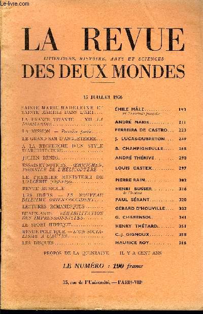 LA REVUE LITTERATURE, HISTOIRE, ARTS ET SCIENCES DES DEUX MONDES N14 - SAINTE MARIE-MADELEINE ET SAINTE MARTHE DANS L'ART. MILE MALE. de l'acadmie franaise.LA FRANCE VIVANTE. - XII. LA NORMANDIE.. ANDRE MARIE..LA MISSION.