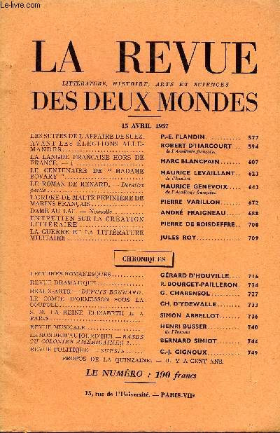 LA REVUE LITTERATURE, HISTOIRE, ARTS ET SCIENCES DES DEUX MONDES N8 - LES SUITES DE L'AFFAIRE DE SUEZ. P.-E. FLANDINAVANT LES LECTIONS ALLEMANDES. ROBERT D'HARCOURT. de l'acadmie franaise.LA LANGUE FRANCAIS HORS DE FRANCE. -
