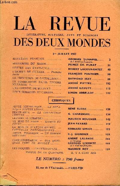 LA REVUE LITTERATURE, HISTOIRE, ARTS ET SCIENCES DES DEUX MONDES N13 - MYSTRES FRANAIS. GEORGES DUHAMEL..de l'Acadmie franaise.SOUVENIRS DU MAROC. PRINCE CH. MURAT. LETTRE DES TATS-UNIS. ROBERT LACOUR-GAYET.L'HOMME DE GUERRE: