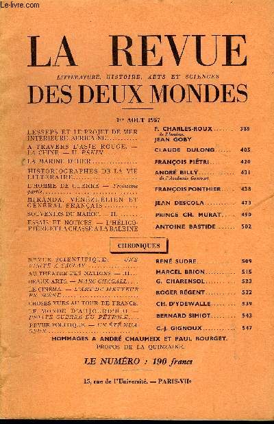LA REVUE LITTERATURE, HISTOIRE, ARTS ET SCIENCES DES DEUX MONDES N15 - LESSEPS ET LE PROJET DE MER INTRIEURE AFRICAINE.JEAN GOBY. A TRAVERS L'ASIE ROUGE. - LA CHINE. - II. PKIN. CLAUDE DULONG.LA MARINE D'HIER..FRANOIS PITRI.