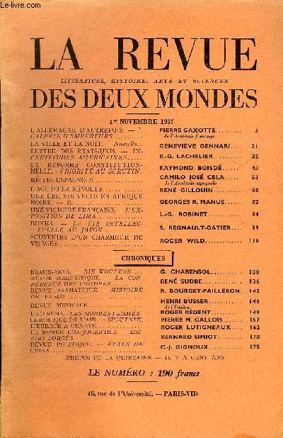 LA REVUE LITTERATURE, HISTOIRE, ARTS ET SCIENCES DES DEUX MONDES N21 - L'ALLEMAGNE D'AUTREFOIS. - I. GALERIE D'EMPEREURS. PIERRE GAXOTTE.de l'Acadmie franaise. LA VILLE ET LA NUIT. - Nouvelle. GENEVIVE GENNARI. LETTRE DES TATS-UNIS. -