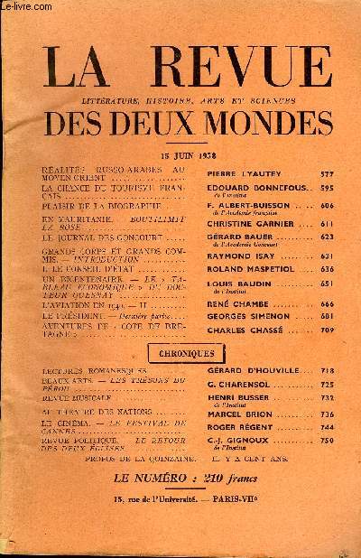 LA REVUE LITTERATURE, HISTOIRE, ARTS ET SCIENCES DES DEUX MONDES N12 - RALITS RUSSO-ARABES AU MOYEN-ORIENT ..PIERRE LYAUTEY .LA CHANCE DU TOURISME FRANAIS . EDOUARD BONNEFOUS..de l'Institut. PLAISIR DE LA BIOGRAPHIE. F. ALBERT-BUISSON ..