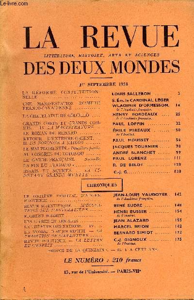 LA REVUE LITTERATURE, HISTOIRE, ARTS ET SCIENCES DES DEUX MONDES N17 - LA RFORME CONSTITUTIONNELLE. LOUIS SALLERON. UNE MANIFESTATION D'AMITIE FRANCO-CANADIENNE. WLADIMIR D ORMESSON.de L'Acadmie franaise.LA CHATELAINE DE GDLL.