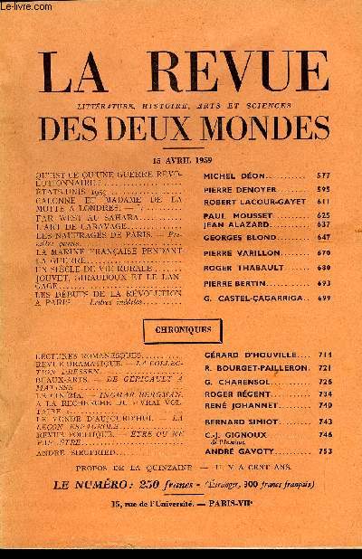 LA REVUE LITTERATURE, HISTOIRE, ARTS ET SCIENCES DES DEUX MONDES N8 - OU'EST-CE QU'UNE GUERRE RVOLUTIONNAIRE ?. MICHEL DON. TATS-UNIS 1959..PIERREDENOYER. GALONNE ET MADAME DE LAMOTTE A LONDRES. - I. ROBERT LACOUR-GAYET.FAR-WEST