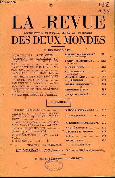 LA REVUE LITTERATURE, HISTOIRE, ARTS ET SCIENCES DES DEUX MONDES N24 - INCERTITUDES ALLEMANDES. ROBERT D'MARCOURT. de l'Academie franaisePOURQUOI LES ACADEMIES FURENT-ELLES SUPPRIMES EN 1793 ? LOUIS HAUTECOUR..de l'Institut. LA CAROTTE