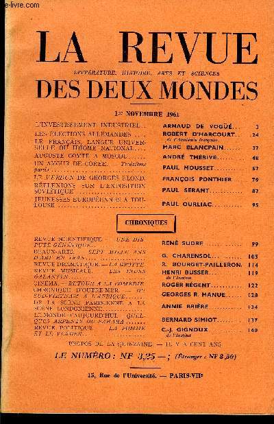 LA REVUE LITTERATURE, HISTOIRE, ARTS ET SCIENCES DES DEUX MONDES N21 - L'INVESTISSEMENT INDUSTRIEL. ARNAUD DE VOG.LES LECTIONS ALLEMANDES . ROBERT D'HARCOURT.LE FRANAIS, LANGUE UNIVERSELLE OU IDIOME NATIONAL. MARC BLANCPAIN de l'Acadmie