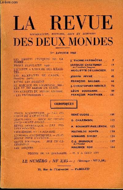 LA REVUE LITTERATURE, HISTOIRE, ARTS ET SCIENCES DES DEUX MONDES N1 - LES DROITS CIVIQUES DE LA FEMME. I. J. thome-patenotre.FRONT POPULAIRE 1936. JACQUES CHASTENET. EGYPTE A L'HEURE DES RALITES. HUGUETTE DE LANCKER.LES REMPARTS DE CADIX.
