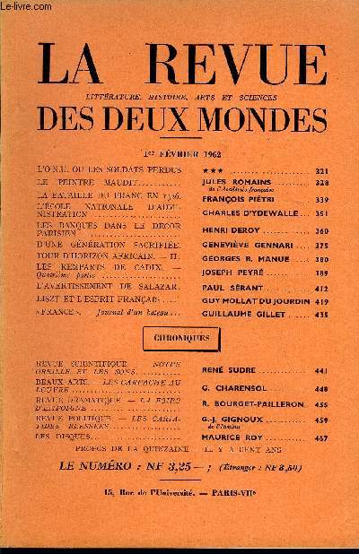 LA REVUE LITTERATURE, HISTOIRE, ARTS ET SCIENCES DES DEUX MONDES N3 - L'O.N.U. OU LES SOLDATS PERDUS. ***. LE PEINTRE MAUDIT. JULES ROMAINS.de l'Acadmie franaise. LA BATAILLE DU FRANC EN 1926. FRANOIS PITRI. L'COLE NATIONALE