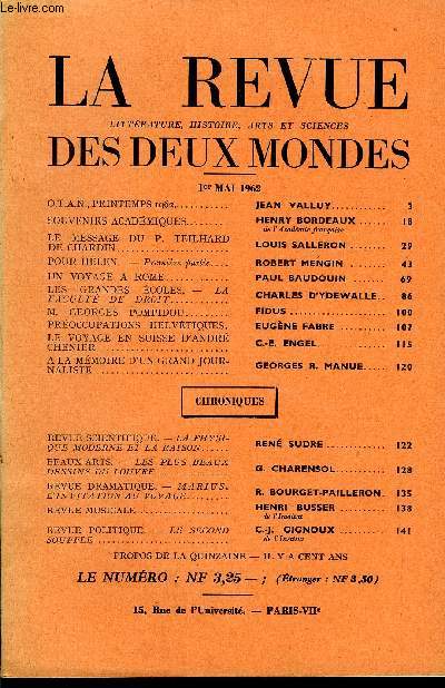 LA REVUE LITTERATURE, HISTOIRE, ARTS ET SCIENCES DES DEUX MONDES N9 - O.T.A.N., PRINTEMPS 1962. JEAN VALLUY.SOUVENIRS ACADMIQUES. HENRY BORDEAUX.de l'Acadmie franaise. LE MESSAGE DU P. TEILHARD DE CHARDIN. LOUIS SALLERON..POUR HELEN. -