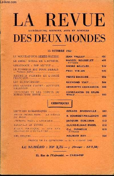 LA REVUE LITTERATURE, HISTOIRE, ARTS ET SCIENCES DES DEUX MONDES N20 - LE NOUVEAU DUO ARME-NATION. JEAN VALLUY. LE DROIT MORAL DE L'AUTEUR. MARCEL ROUSSELET..de l'institut. GIRAUDOUX  TOP SECRET .. ANDR BEUCLER. LE BONHEUR