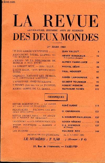 LA REVUE LITTERATURE, HISTOIRE, ARTS ET SCIENCES DES DEUX MONDES N5 - LE DUO ARMEE-UNIVERSITE. JEAN VALLUY.RENCONTRE D'MIL LUDWIG AU LAC MAJEUR. HENRY BORDEAUX.de l'Acadmie franaise. L'ENJEU DE LA DIPLOMATIE DE MUNICH A NOS JOURS.