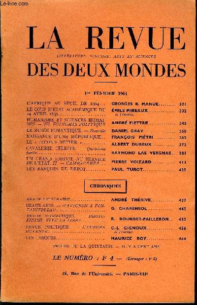 LA REVUE LITTERATURE, HISTOIRE, ARTS ET SCIENCES DES DEUX MONDES N3 - L'AFRIQUE AU SEUIL DE 1964. GEORGES R. MANUE.LE COUP D'TAT ACADMIQUE DU 14 AVRIL 1855. MILE MIREAUXde l'Institut.HUMANISME ET SCIENCES HUMAINES.