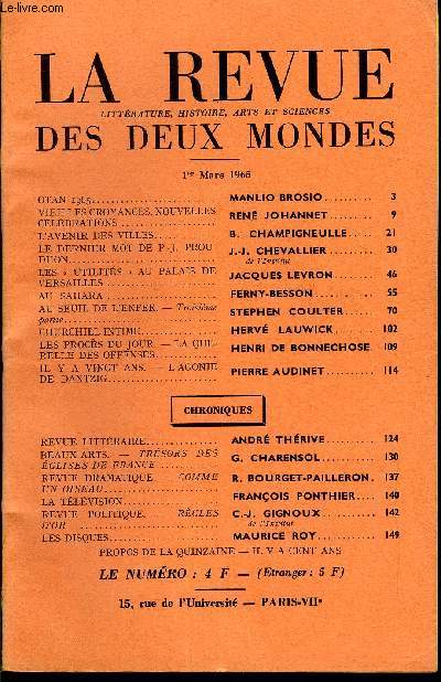 LA REVUE LITTERATURE, HISTOIRE, ARTS ET SCIENCES DES DEUX MONDES N5 - OTAN 1965. MANLIO BROSIO.VIEILLES CROYANCES, NOUVELLES CLBRATIONS. RENE JOHANNET. L'AVENIR DES VILLES. B. CHAMPIGNEULLE..LE DERNIER MOT DE P.-J. PROUDHON. J.J. CHEVALLIER