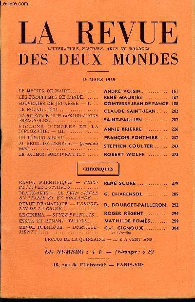 LA REVUE LITTERATURE, HISTOIRE, ARTS ET SCIENCES DES DEUX MONDES N6 - LE MTIER DE MAIRE. ANDR VOISIN. LES PROBLMES DE L'INDE. REN MAURIS ..SOUVENIRS DE JEUNESSE. - I. COMTESSE JEAN DE PANGELE NOUVEL CU. CLAUDE SAINT-JEAN..NAPOLON