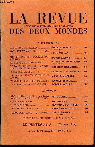 LA REVUE LITTERATURE, HISTOIRE, ARTS ET SCIENCES DES DEUX MONDES N24 - ACTUALIT DE MALTHUS. MILE MIREAUX.de l'Institut. HISTOIRE DE MOULOUD. - Premire partie. PAUL VIALAR. RIO DE JANEIRO, CAPITALE DU PORTUGAL. BARON JASPAR. LE TUNNEL