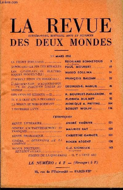 LA REVUE LITTERATURE, HISTOIRE, ARTS ET SCIENCES DES DEUX MONDES N5 - LE FRONT POPULAIRE. DOUARD BONNEFOUS.de l'Institut. JAPON 1966 : LA FIN DES MIRACLES. PAUL MOUSSET.LES CALCULATEURS LECTRONIQUES PENSENT-ILS ? MARIO SOLLIMA.