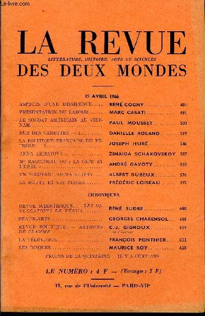 LA REVUE LITTERATURE, HISTOIRE, ARTS ET SCIENCES DES DEUX MONDES N8 - ASPECTS D'UNE DISSIDENCE.. REN COGNY..PRSENTATION DU LABOUR. MARC CASATI.LE SOLDAT AMERICAIN AU VIETNAM. PAUL MOUSSET.RUE DES CANETTES. - I. DANIELLE ROLAND.