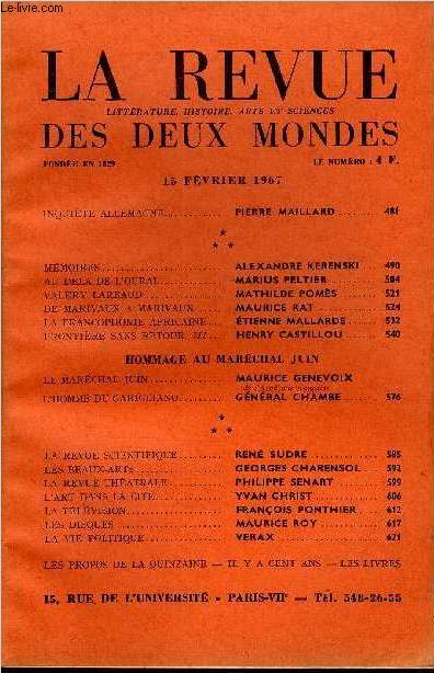 LA REVUE LITTERATURE, HISTOIRE, ARTS ET SCIENCES DES DEUX MONDES N4 - INQUITE ALLEMAGNE PIERRE MAILLARD. MMOIRES. ALEXANDRE KERENSKI . .AU DELA DE L'OURAL. MARIUS PELTIER. VALERY LARBAUD. MATHILDE POMS .DE MARIVAUX A MARIVAUX.