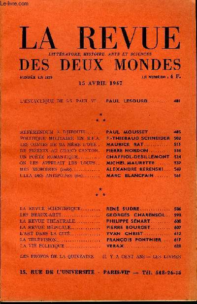 LA REVUE LITTERATURE, HISTOIRE, ARTS ET SCIENCES DES DEUX MONDES N8 - L'ENCYCLIQUE DE S.S. PAUL VI.. PAUL LESOURD.RFRENDUM A DJIBOUTI. PAUL MOUSSET.POLITIQUE MILITAIRE EN R.F.A. F.-THIEBAUD SCHNEIDER. LES CONTES DE MA MRE L'OYE .