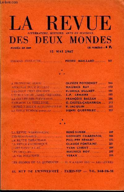 LA REVUE LITTERATURE, HISTOIRE, ARTS ET SCIENCES DES DEUX MONDES N10 - CONRAD ADENAUER. PIERRE MAILLARD..A PROPOS DE SHAPE. OLIVIER POYDENOT. APOLOGIE POUR BOILEAU. MAURICE RAT. DIX-NEUF CENT DIX-SEPT. FLORICA DULMET.L'LECTION