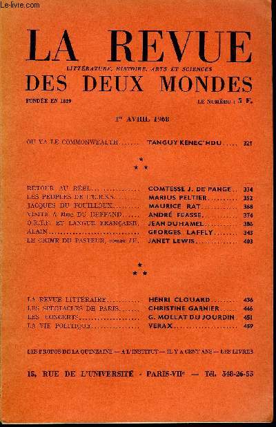 LA REVUE LITTERATURE, HISTOIRE, ARTS ET SCIENCES DES DEUX MONDES N7 - OU VA LE COMMONWEALTH. TANGUY KENEC'HDU..RETOUR AU REL. COMTESSE J. DE PANGE ..LES PEUPLES DE L'U.R.S.S. MARIUS PELTIER.JACQUES DU FOUILLOUX. MAURICE RAT. VISITE