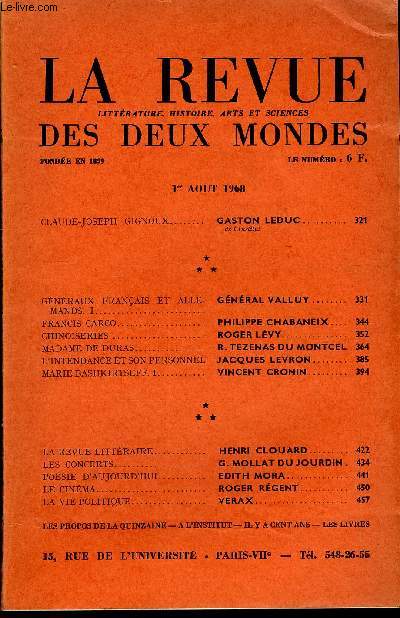 LA REVUE LITTERATURE, HISTOIRE, ARTS ET SCIENCES DES DEUX MONDES N15 - CLAUDE-JSEPH GIGNOUX.. GASTON LEDUC.de l'Institut. GNRAUX FRANAIS ET ALLEMANDS. I. GNRAL VALLUY..FRANCIS CARCO.. PHILIPPE CHABANEIX. CHINOISERIES.