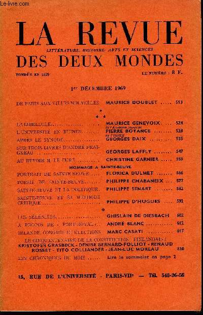 LA REVUE LITTERATURE, HISTOIRE, ARTS ET SCIENCES DES DEUX MONDES N12 - DE PARIS AUX VILLES NOUVELLES. MAURICE DOUBLET .. LALIBELLULE. MAURICE GENEVOIX..de l'Acadmie franaise. L'UNIVERSIT EN RUINES.. PIERRE BOYANCE ..de l'Institut.