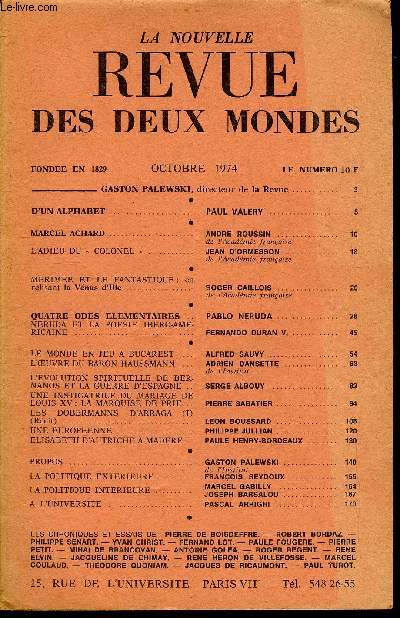 LA NOUVELLE REVUE DES DEUX MONDES N10 - GASTON PALEWSKI, directeur de la Revue ..D'UN ALPHABET.. PAUL VALERY. MARCEL ACHARD . ANDRE ROUSSIN . de l'Acadmie franaise. L'ADIEU DU  COLONEL  JEAN D'ORMESSON .de l'Acadmie franaise.