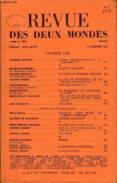 LA REVUE DES DEUX MONDES N2 - FRANOIS SEYDOUX. ANDRE FRANOIS-PONCET ETL'ALLEMAGNE. MAURICE SCHUMANN de l'Acadmie franaise. JACQUES BARDOUX .. FELICIEN MARCEAU de l'Acadmie franaise. UN ECRIVAIN CELEBRE INCONNU. ARMAND BERARD .