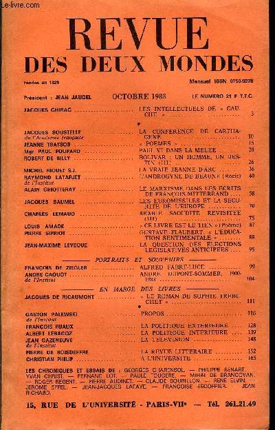 REVUE DES DEUX MONDES N10 - JACQUES CHIRAC . LES INTELLECTUELS DE  GAUCHE  ..JACQUES SOUSTELLE de l'Acadmie franaise. LA CONFERENCE DE CARTHAGENE ..JEANNE TSATSOS .. POEMES  .Mgr PAUL POUPARD. PAUL VI DANS LA MELEE.