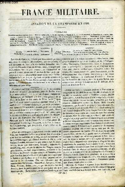 FRANCE MILITAIRE, HISTOIRE DES ARMEES FRANCAISES DE TERRE ET DE MER DE 1792 A 1837 TOME PREMIER N1 - Premire coalition continentale, plan de campagne, arme coalise, Manifeste du duc de Brunswick, Situation des armes franaises, Entre des coaliss