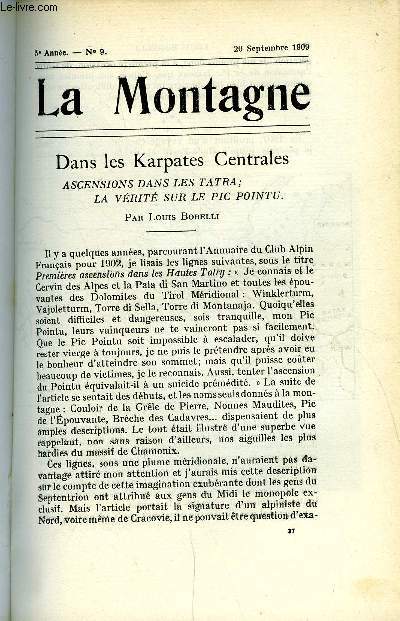 LA MONTAGNE 5e ANNEE N9 - Dans les Karpates Centrales - Ascensions dans les Tatra, la vrit sur le Pic Pointu par Louis Borelli, Aux sources du Mouksou par la rgion montagneuse du Pamir occidental (suite et fin) par Nicolas de Poggenpohl