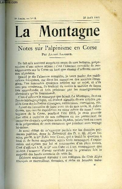 LA MONTAGNE 7e ANNEE N°8 - Notes sur l'alpinisme en Corse par André Lejosne, La protection des eaux potables par E. A. Martel
