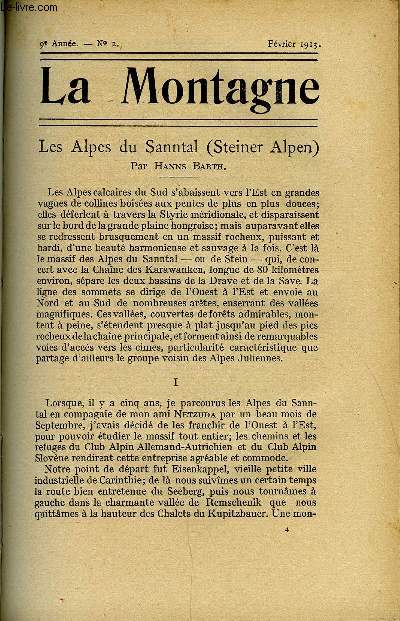 LA MONTAGNE 9e ANNEE N2 - Les Alpes du Sanntal (Steiner Alpen) par Hanns Barth, Autour d'Argentire par Paul Boudin et Marcel Glinier, A propos de fixations de Skis - Une solution pratique du problme par Louis Falisse, La visite des Gorges du Verdon