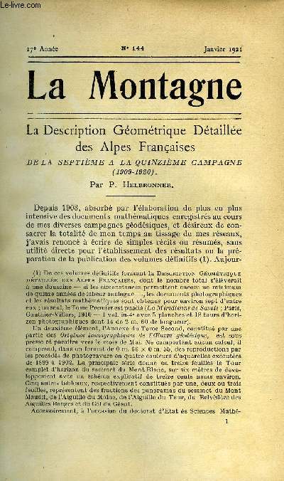 LA MONTAGNE 17e ANNEE N°144 - La description géométrique détaillée des Alpes Françaises - De la septième à la quinzième campagne par P. Helbronner