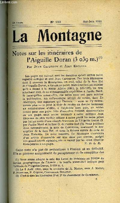 LA MONTAGNE 18e ANNEE N°152 - Notes sur les itinéraires de l'Aiguille Doran par Jean Capdepon et Jean Escarra, Chronique Alpine