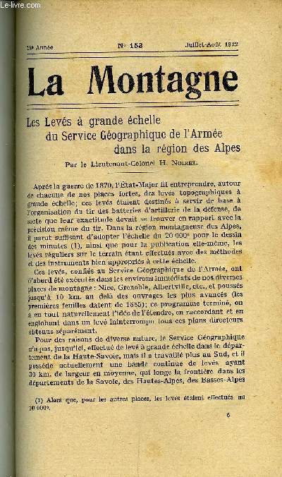 LA MONTAGNE 18e ANNEE N153 - Les levs  grande chelle du Service Gographique de l'Arme dans la rgion des Alpes par le Lieutenant-Colonel H. Noirel, Le Refuge d'Avrole par Maurice Paillon, Le Pic U par R. Godefroy