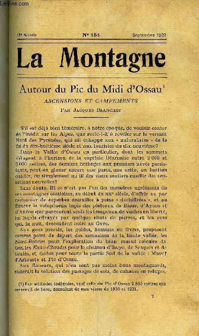 LA MONTAGNE 18e ANNEE N154 - Autour du Pic du Midi d'Ossau - Ascensions et campements par Jacques Blanchet, Chronique Alpine