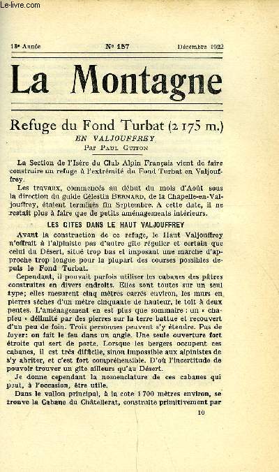 LA MONTAGNE 18e ANNEE N°157 - Refuge du Fond Turbat en Valjouffrey par Paul Guiton, Les Dents de Lanfon par R. Richard