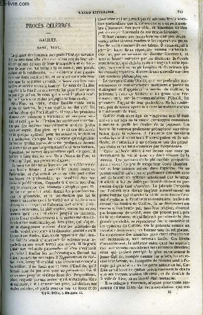 L'ECHO LITTERAIRE - LECTURE DES FAMILLES PREMIERE ANNEE - Procs clbres : Galile, Histoire de deux Basson de l'Opra par A. Second, La frgate noire par Elie de Mousson, Le livre de la Vie, Promenade en Amrique par J. J. Ampre, Cavendish