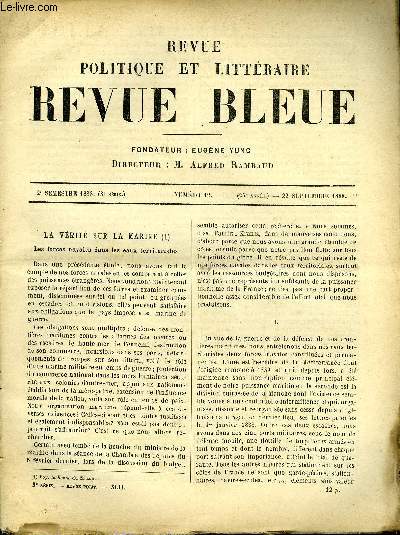 REVUE BLEUE - REVUE POLITIQUE ET LITTERAIRE 25e ANNEE N12 - La vrit sur la Marine, Myrrha par Jules Lemaitre, Henry Maret par Jules Levallois, Muriel par W.H. Bishop