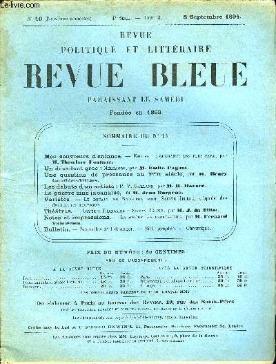 REVUE BLEUE - REVUE POLITIQUE ET LITTERAIRE 31e ANNEE N10 - Mes souvenirs d'enface par Thodore Fontane, Un dcadent grec par Emile Faguet, Une question de prsance au XVIIIe sicle par Henry Gauthier-Villars, Les dbuts d'un artiste par H. Havard