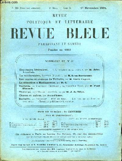 REVUE BLEUE - REVUE POLITIQUE ET LITTERAIRE 31e ANNEE N20 - Souvenirs littraires par Jules Levallois, La milliardaire par Lon Barracand, Les contes et romans de Voltaire par Emile Faguet, La situation  Madagascar par D.-A.