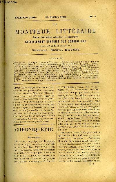 LE MONITEUR LITTERAIRE TROISIEME ANNEE N7 - En Wagon par Olivier de Trville, Lettres a une jeune inconnue - Dix Neuvime lettre par Mentor, Sur la mort d'une jeune fille de sept ans par Hgsippe Moreau, Chefs d'Etats assassins par Eurka, Ravaillac