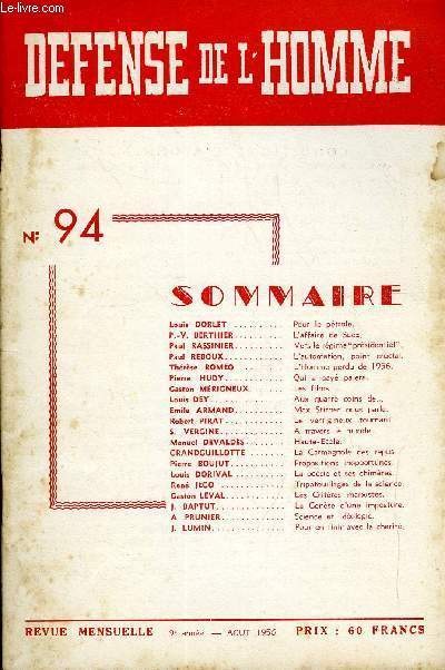 DEFENSE DE L'HOMME 9e ANNEE N 94 - Louis DORLET. Pour le ptrole.P.-V. BERTHIER. L'affaire de Suez.Paul RASSINIER. Vers le rgime 