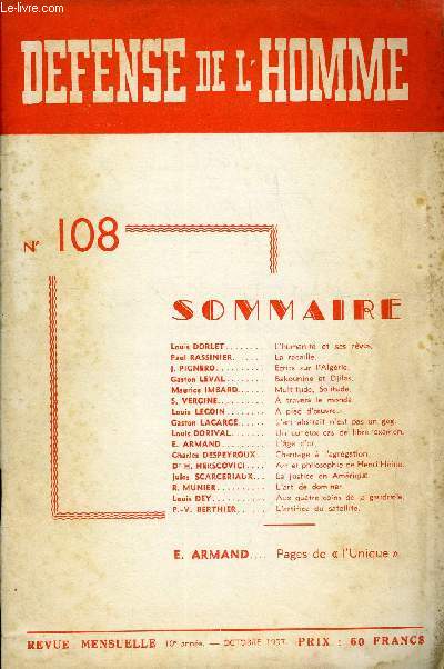 DEFENSE DE L'HOMME 10e ANNEE N 108 - Louis DORLET. L'humanit et ses rves.Paul RASSINIER..La racaille.J. PICNERO..Ecrits sur l'Algrie.Caston LEVAI.. Bakounine et Djilas.Maurice IMBARD. Multitude, Solitude.S. VERCINE.